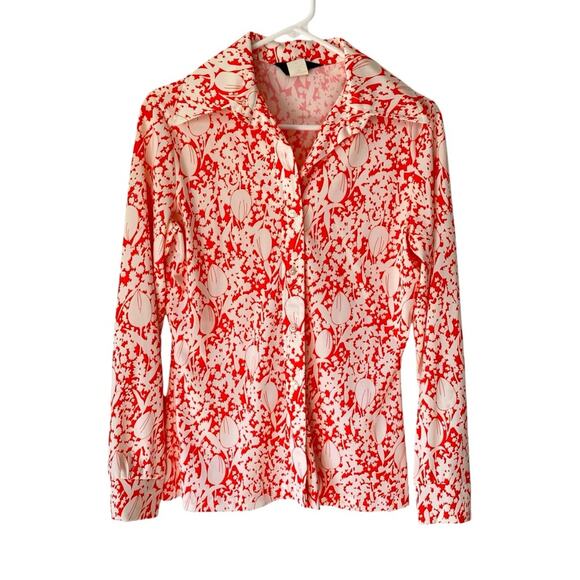 Vintage 70s Jack Winter Red White Tulip Floral Print Shirt Size 10 Disco Retro - Picture 1 of 4